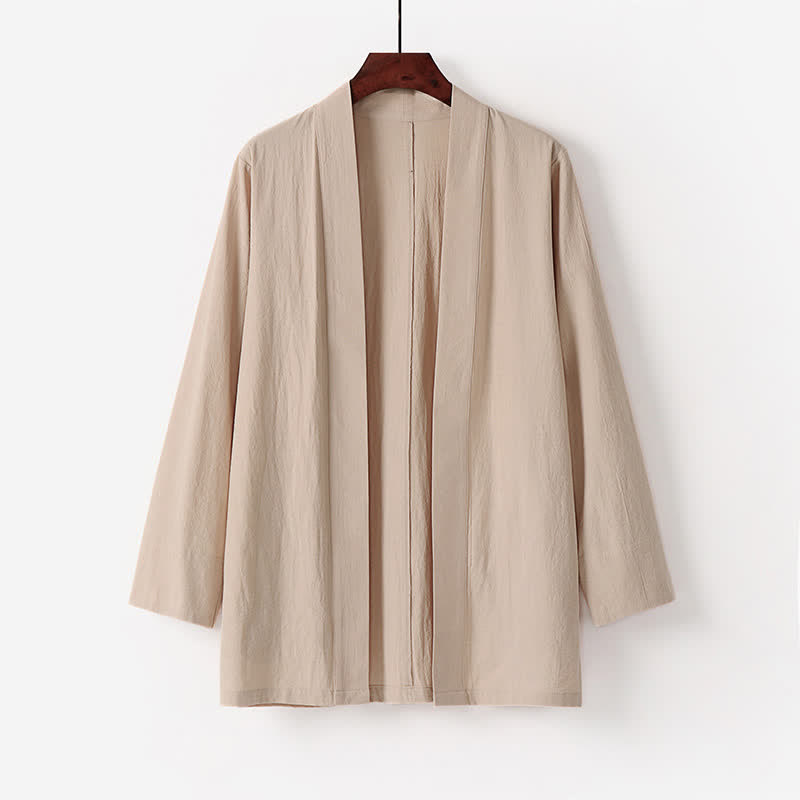 Buddha Stones Summer Minimalist Solid Cotton Linen Men's Kimono With Pocket - Beige - US/UK/AU50，EU60 (7XL) - image 3