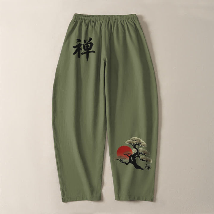 Buddha Stones Pure Cotton Zen Bonsai Sunset Pattern Drawstring Men's Tapered Pants With Pockets - image 10