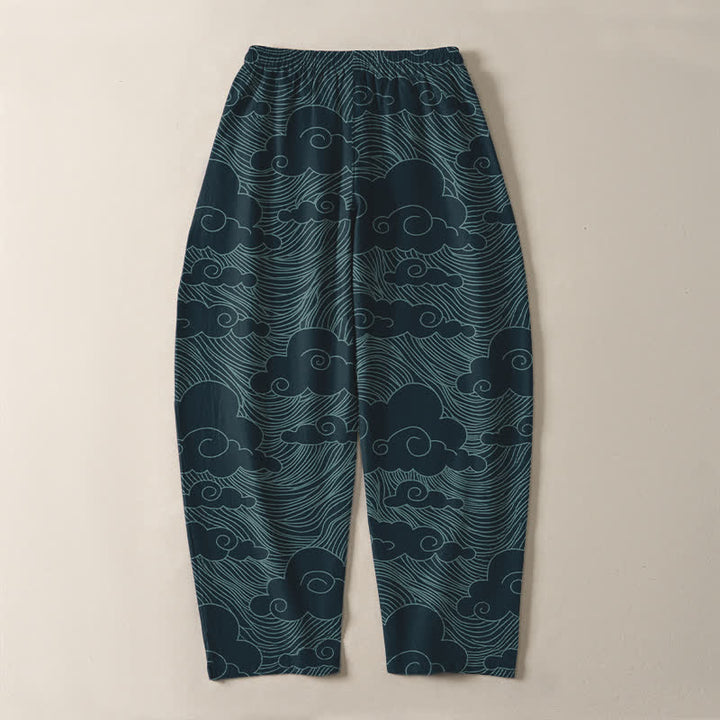 Buddha Stones Pure Cotton Japanese Cloud Wave Pattern Drawstring Men's Tapered Pants With Pockets - image 14