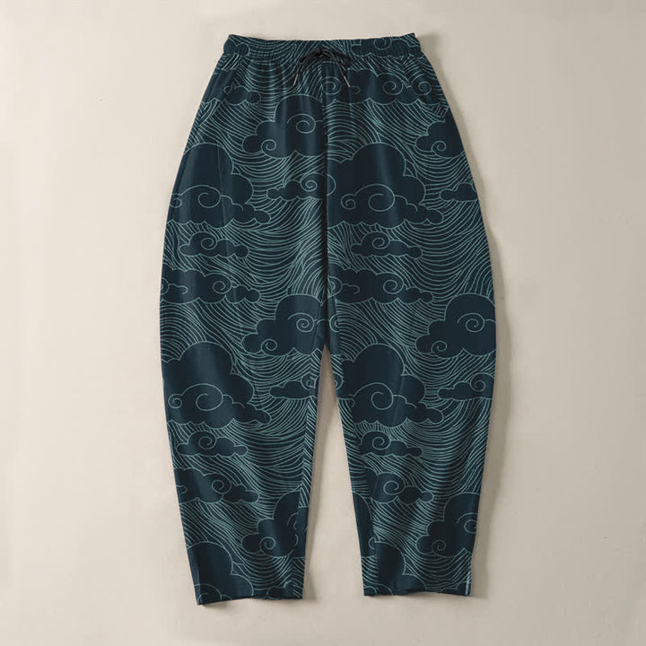 Buddha Stones Pure Cotton Japanese Cloud Wave Pattern Drawstring Men's Tapered Pants With Pockets - image 13