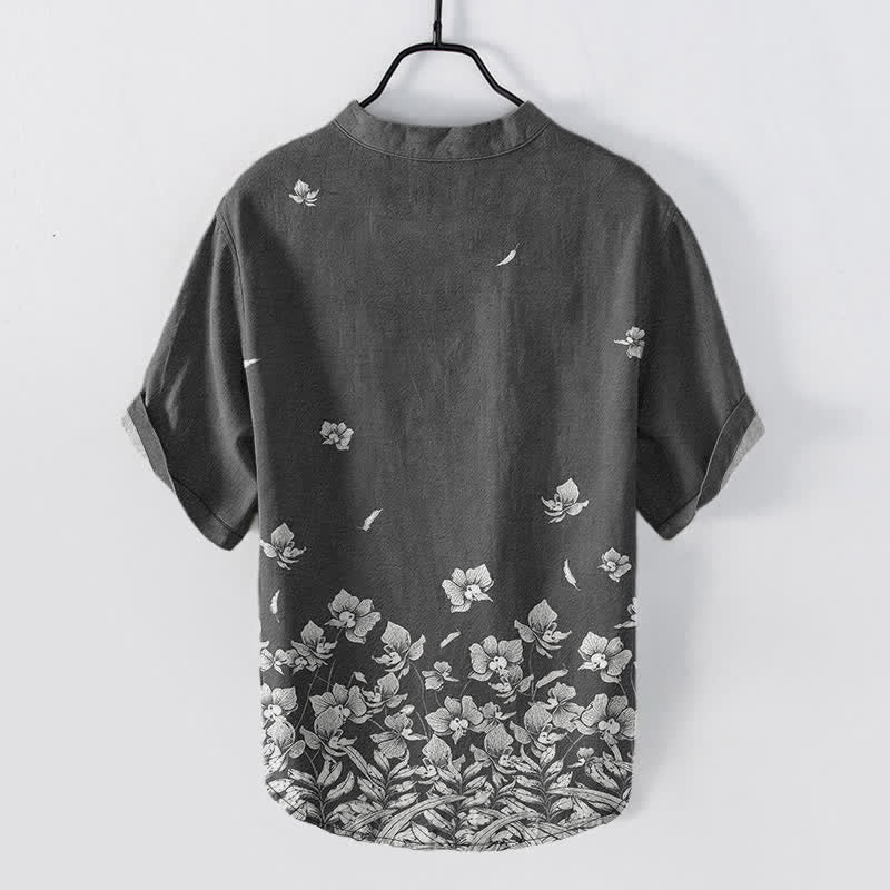 Buddha Stones Cotton White Floral Hem Pattern Men's Short Sleeve Half Button Shirt - image 6