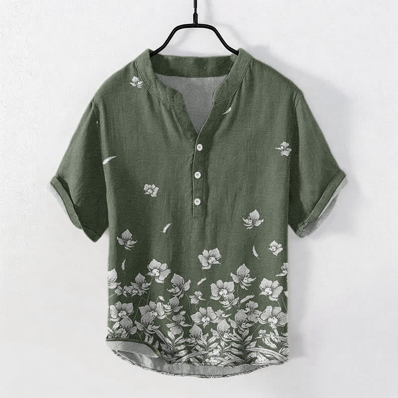 Buddha Stones Cotton White Floral Hem Pattern Men's Short Sleeve Half Button Shirt - DarkOliveGreen - US/UK/AU50，EU60 (5XL) - image 7