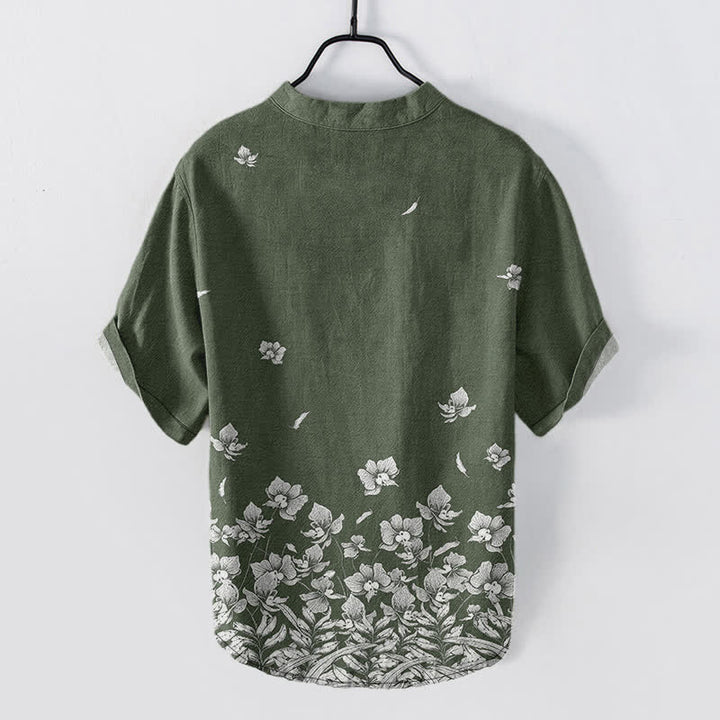 Buddha Stones Cotton White Floral Hem Pattern Men's Short Sleeve Half Button Shirt - image 8