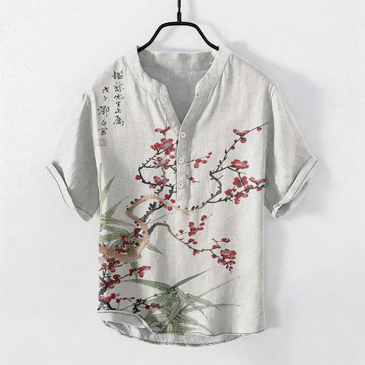 Buddha Stones Cotton Plum Blossom Bamboo Pattern Men's Short Sleeve Half Button Shirt - White - US/UK/AU50，EU60 (5XL) - image 0