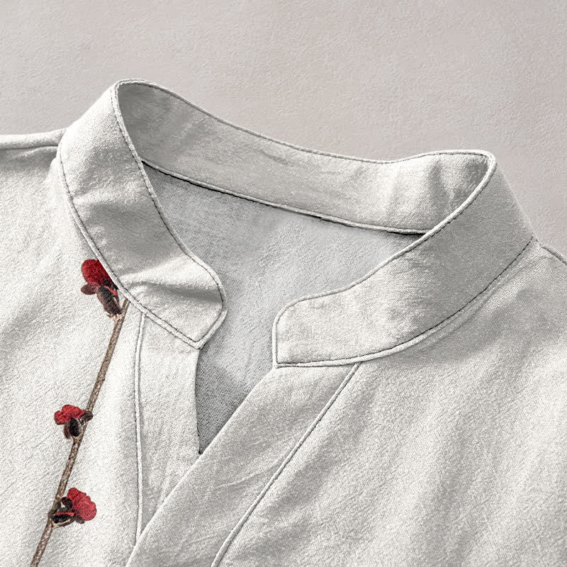 Buddha Stones Cotton Plum Blossom Bamboo Pattern Men's Short Sleeve Half Button Shirt - image 2