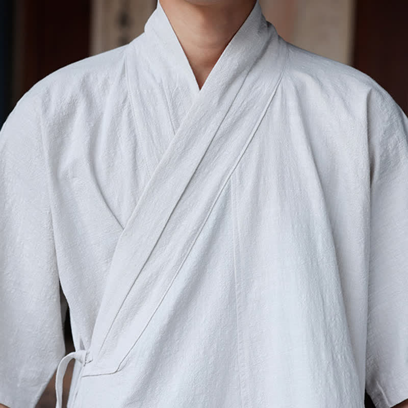 Buddha Stones Summer Tang Style Minimalist Side Slit V-Neck Solid Men's Short Sleeve Shirts With Pocket - image 32