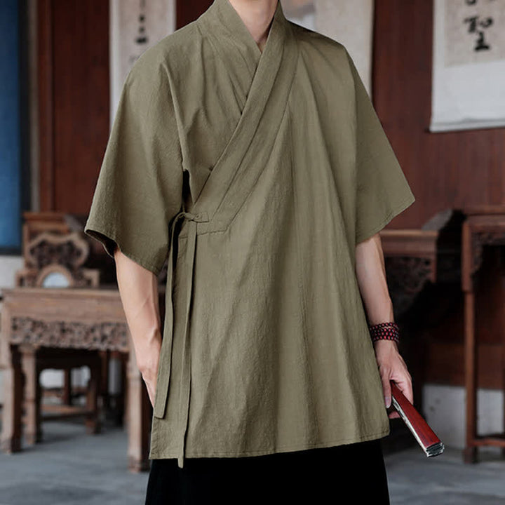 Buddha Stones Summer Tang Style Minimalist Side Slit V-Neck Solid Men's Short Sleeve Shirts With Pocket - image 17