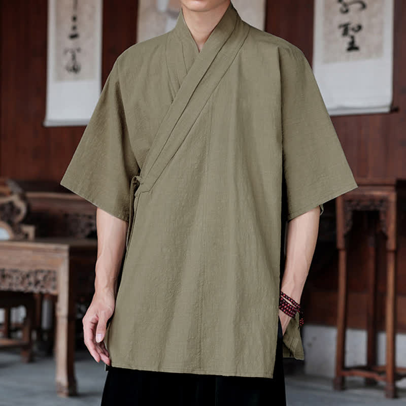 Buddha Stones Summer Tang Style Minimalist Side Slit V-Neck Solid Men's Short Sleeve Shirts With Pocket - image 18