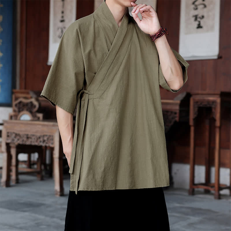 Buddha Stones Summer Tang Style Minimalist Side Slit V-Neck Solid Men's Short Sleeve Shirts With Pocket - image 21