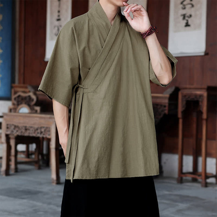 Buddha Stones Summer Tang Style Minimalist Side Slit V-Neck Solid Men's Short Sleeve Shirts With Pocket - image 21