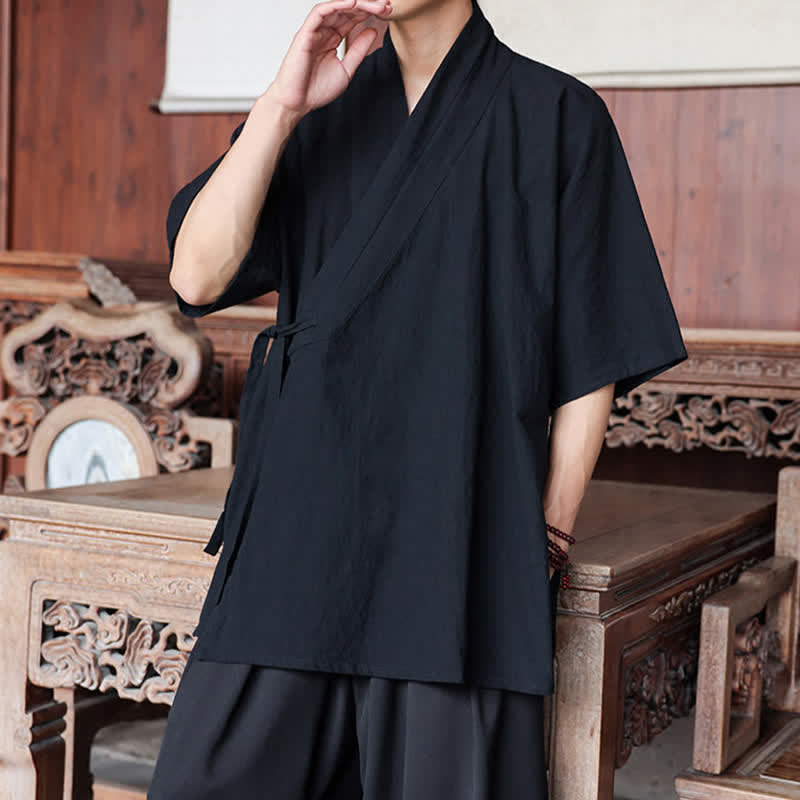 Buddha Stones Summer Tang Style Minimalist Side Slit V-Neck Solid Men's Short Sleeve Shirts With Pocket - image 11