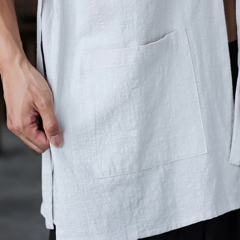 Buddha Stones Summer Tang Style Minimalist Side Slit V-Neck Solid Men's Short Sleeve Shirts With Pocket - image 34