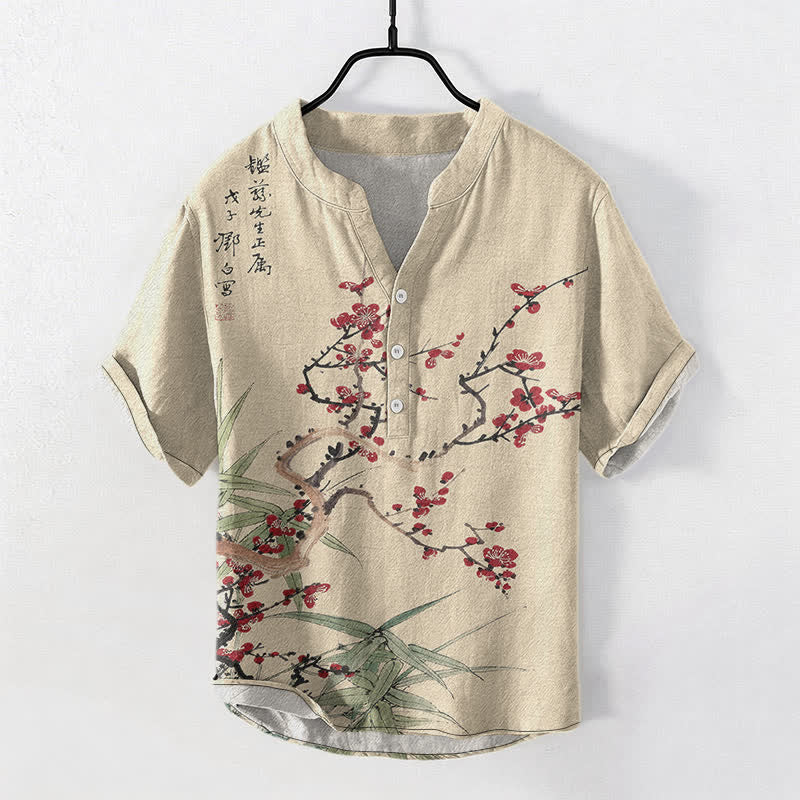 Buddha Stones Cotton Plum Blossom Bamboo Pattern Men's Short Sleeve Half Button Shirt - Linen - US/UK/AU50，EU60 (5XL) - image 5