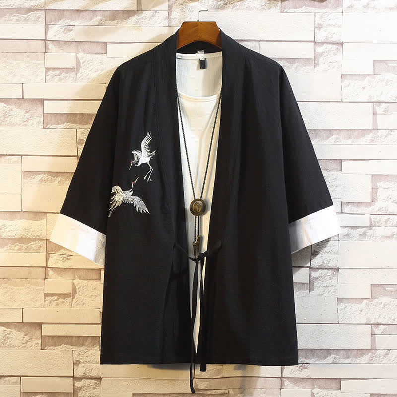 Buddha Stones Spring Summer Casual Vintage Embroidery Crane Men's Elbow-Length Sleeve Kimono - Black White Crane - US/UK/AU46, EU56 (5XL) - image 17
