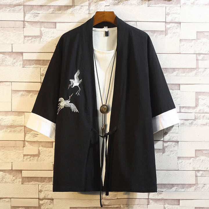 Buddha Stones Spring Summer Casual Vintage Embroidery Crane Men's Elbow-Length Sleeve Kimono - Black White Crane - US/UK/AU46, EU56 (5XL) - image 17