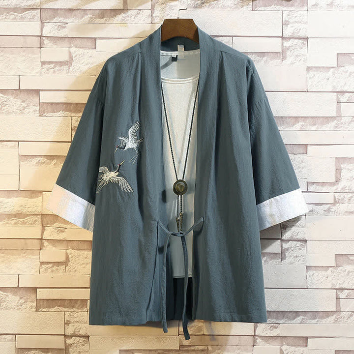 Buddha Stones Spring Summer Casual Vintage Embroidery Crane Men's Elbow-Length Sleeve Kimono - CadetBlue White Crane - US/UK/AU46, EU56 (5XL) - image 0