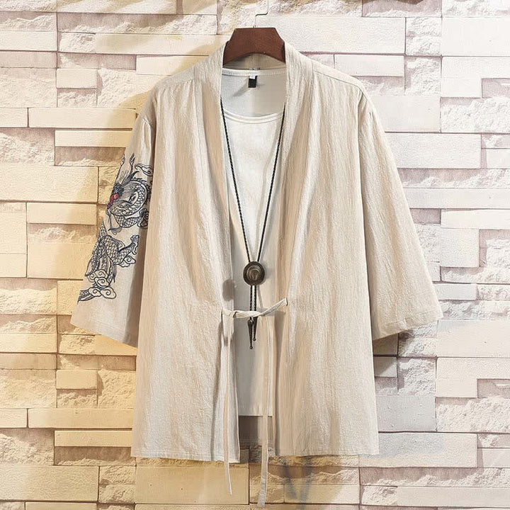 Buddha Stones Spring Summer Casual Vintage Embroidery Crane Men's Elbow-Length Sleeve Kimono - Beige Dragon - US/UK/AU46, EU56 (5XL) - image 19