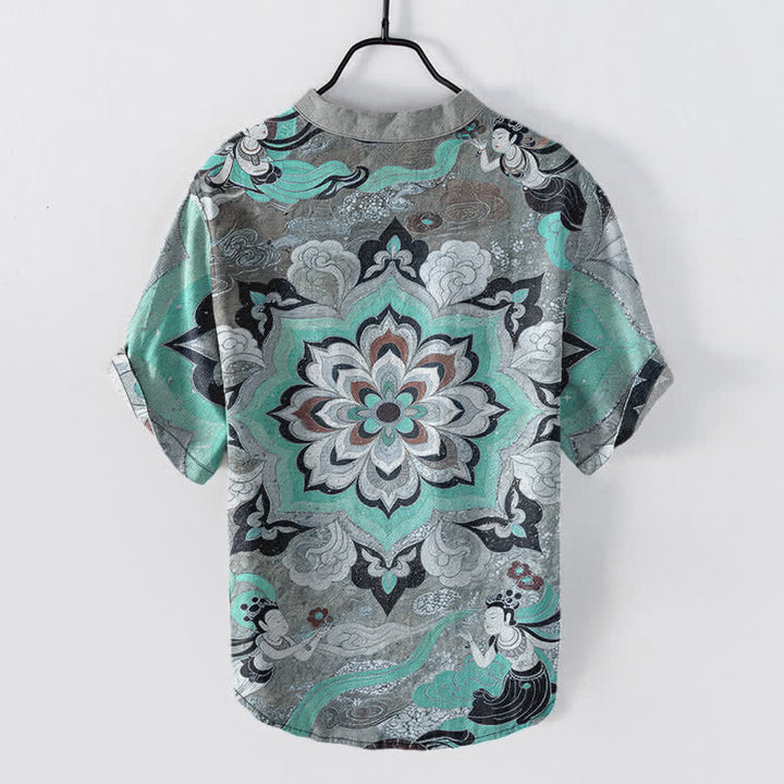 Buddha Stones Cotton Mandala Lotus Pattern Men's Short Sleeve Half Button Shirt - image 6