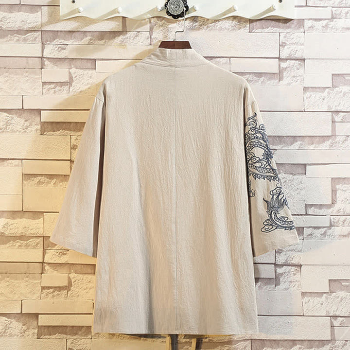 Buddha Stones Spring Summer Casual Vintage Embroidery Crane Men's Elbow-Length Sleeve Kimono - image 20