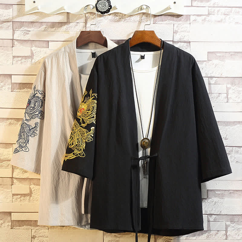 Buddha Stones Spring Summer Casual Vintage Embroidery Crane Men's Elbow-Length Sleeve Kimono - image 32