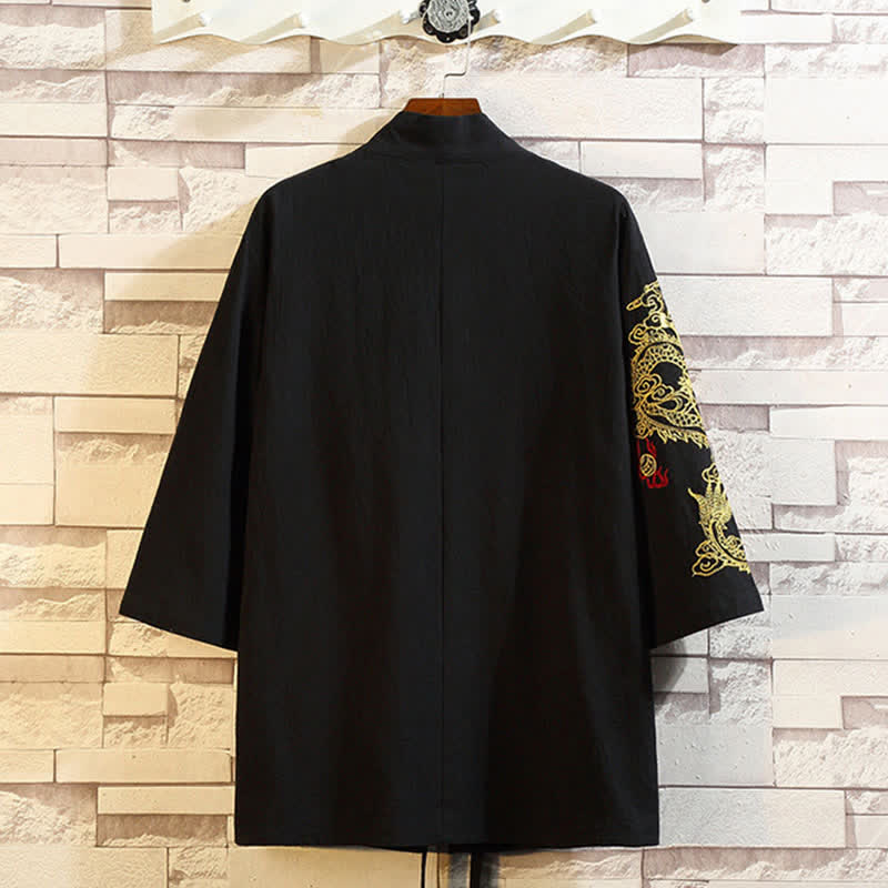 Buddha Stones Spring Summer Casual Vintage Embroidery Crane Men's Elbow-Length Sleeve Kimono - image 16