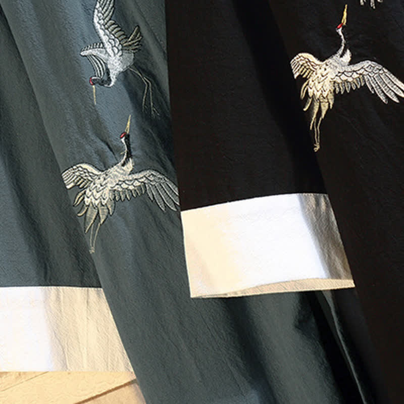 Buddha Stones Spring Summer Casual Vintage Embroidery Crane Men's Elbow-Length Sleeve Kimono - image 39