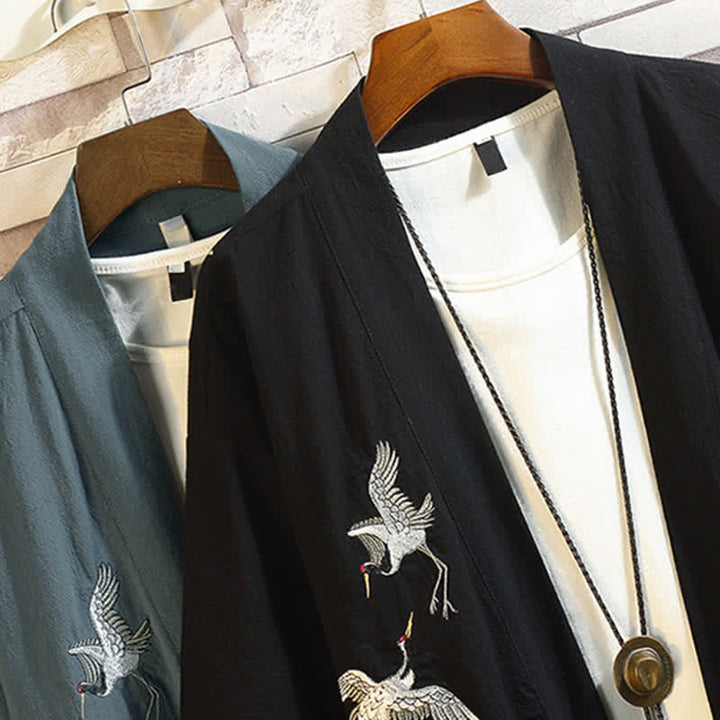 Buddha Stones Spring Summer Casual Vintage Embroidery Crane Men's Elbow-Length Sleeve Kimono - image 36
