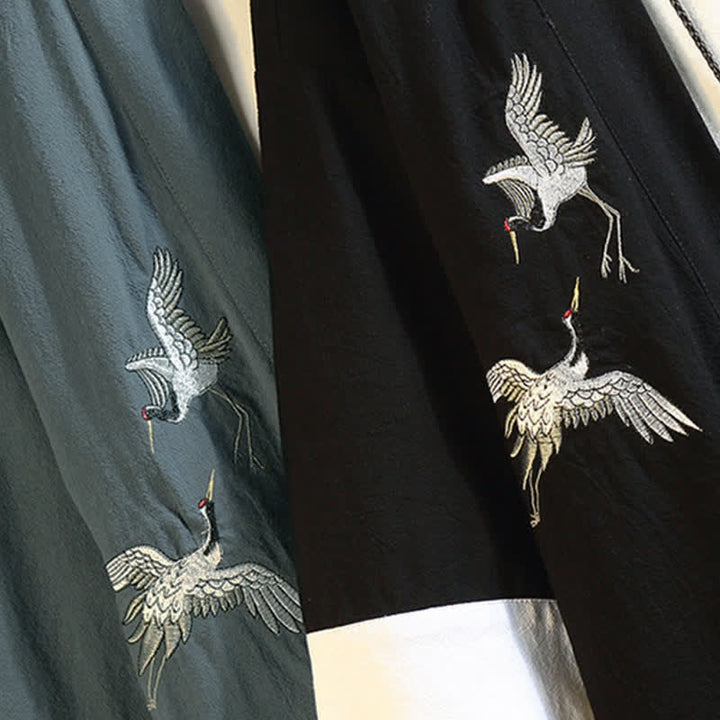 Buddha Stones Spring Summer Casual Vintage Embroidery Crane Men's Elbow-Length Sleeve Kimono - image 38