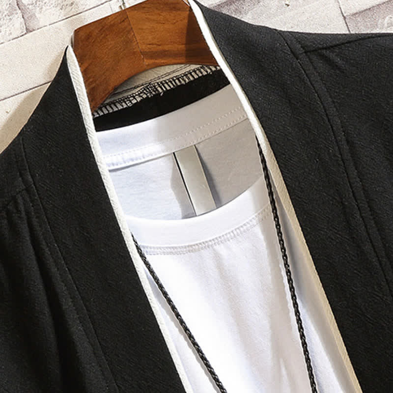 Buddha Stones Spring Summer Casual Minimalist Solid Three-Quarter Sleeve Men's Kimono With Pockets - image 5