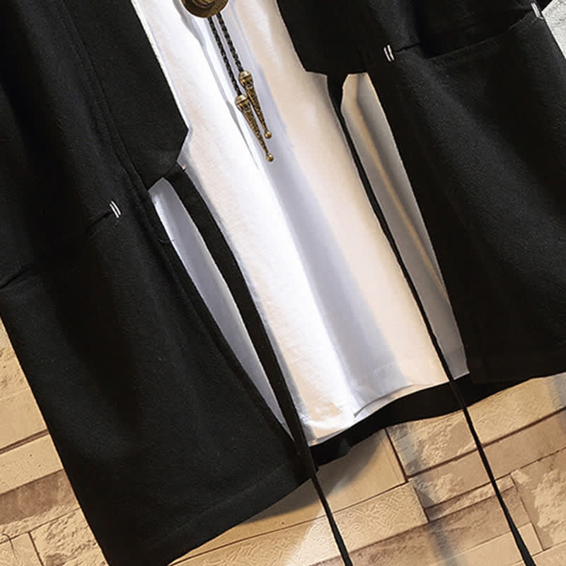Buddha Stones Spring Summer Casual Minimalist Solid Three-Quarter Sleeve Men's Kimono With Pockets - image 12