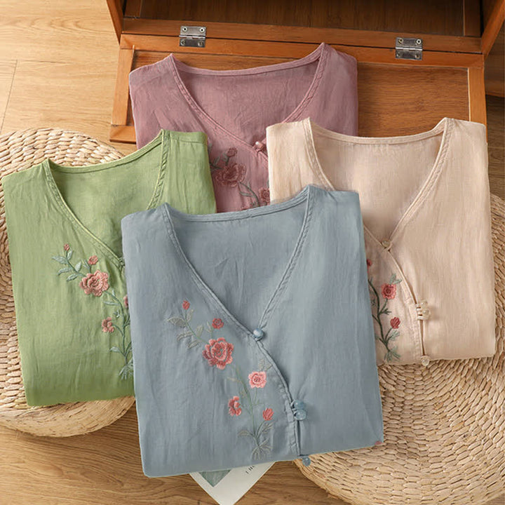 Buddha Stones Summer Tang Style Vintage Embroidery Floral Women's Elbow-Length Sleeve Shirts - image 20