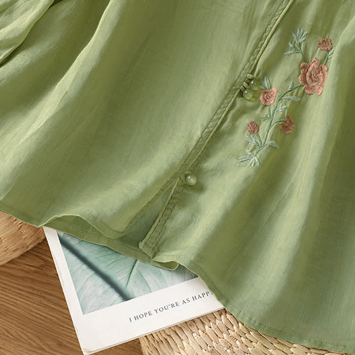 Buddha Stones Summer Tang Style Vintage Embroidery Floral Women's Elbow-Length Sleeve Shirts - image 7