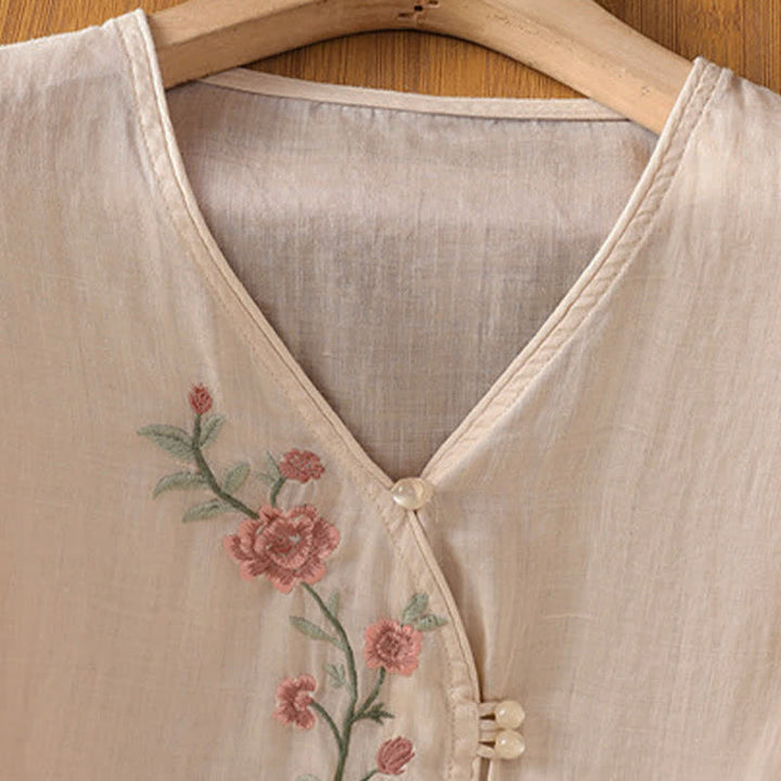 Buddha Stones Summer Tang Style Vintage Embroidery Floral Women's Elbow-Length Sleeve Shirts - image 14