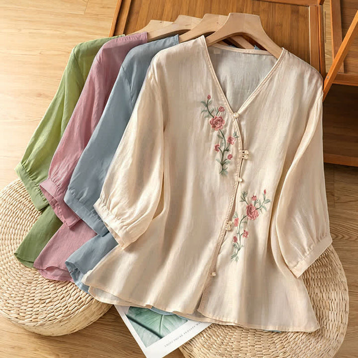 Buddha Stones Summer Tang Style Vintage Embroidery Floral Women's Elbow-Length Sleeve Shirts - image 19