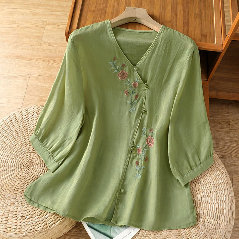 Buddha Stones Summer Tang Style Vintage Embroidery Floral Women's Elbow-Length Sleeve Shirts - DarkSeaGreen - US8-10, UK/AU12-14, EU40-42 (2XL) - image 3