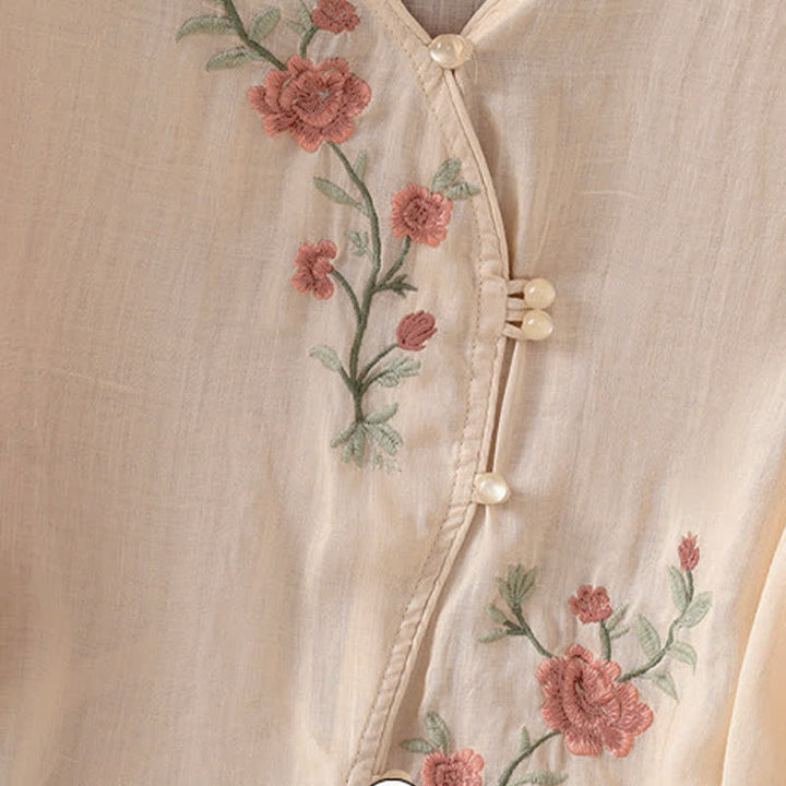 Buddha Stones Summer Tang Style Vintage Embroidery Floral Women's Elbow-Length Sleeve Shirts - image 15