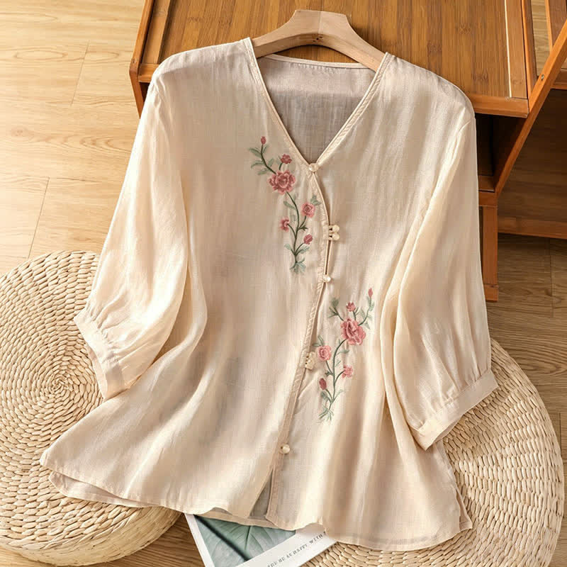 Buddha Stones Summer Tang Style Vintage Embroidery Floral Women's Elbow-Length Sleeve Shirts - Beige - US8-10, UK/AU12-14, EU40-42 (2XL) - image 12