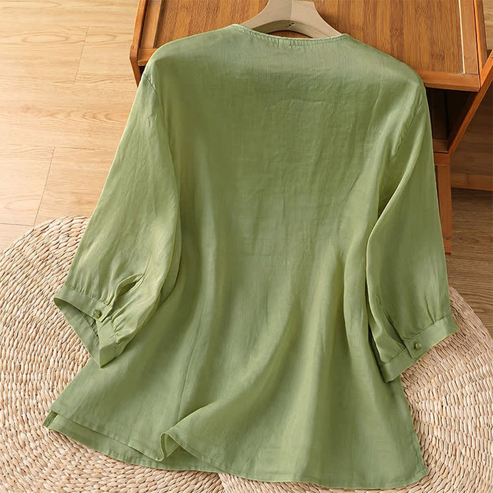 Buddha Stones Summer Tang Style Vintage Embroidery Floral Women's Elbow-Length Sleeve Shirts - image 4