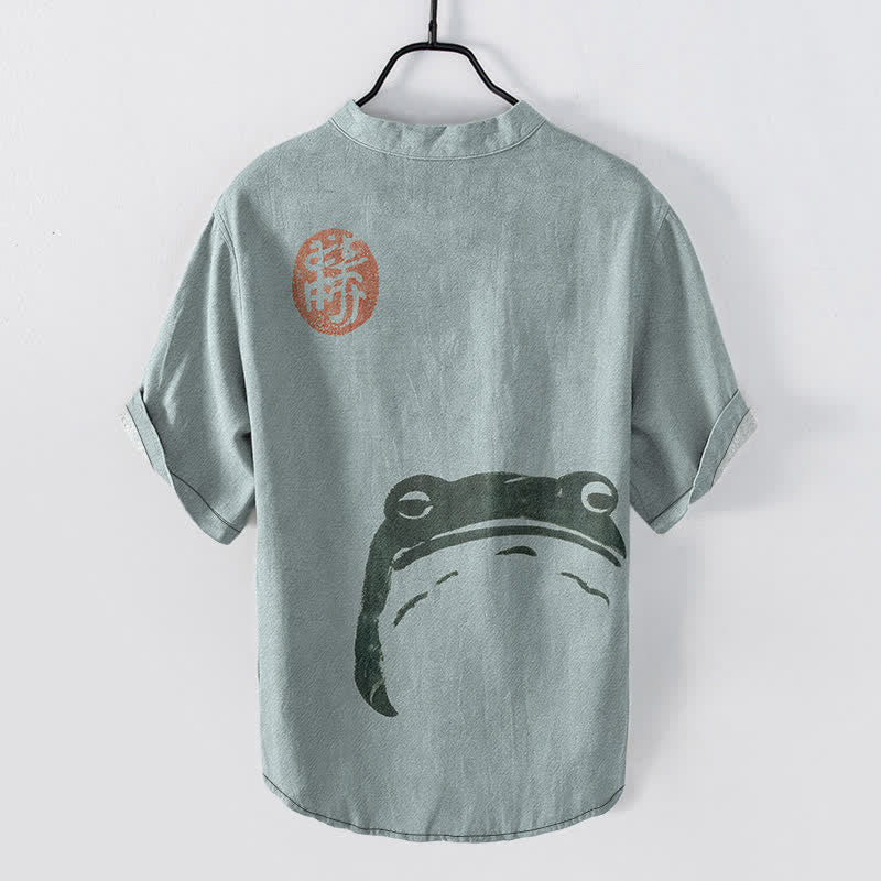 Buddha Stones Cotton Vintage Frog Seal Pattern Men's Short Sleeve Half Button Shirt - image 8