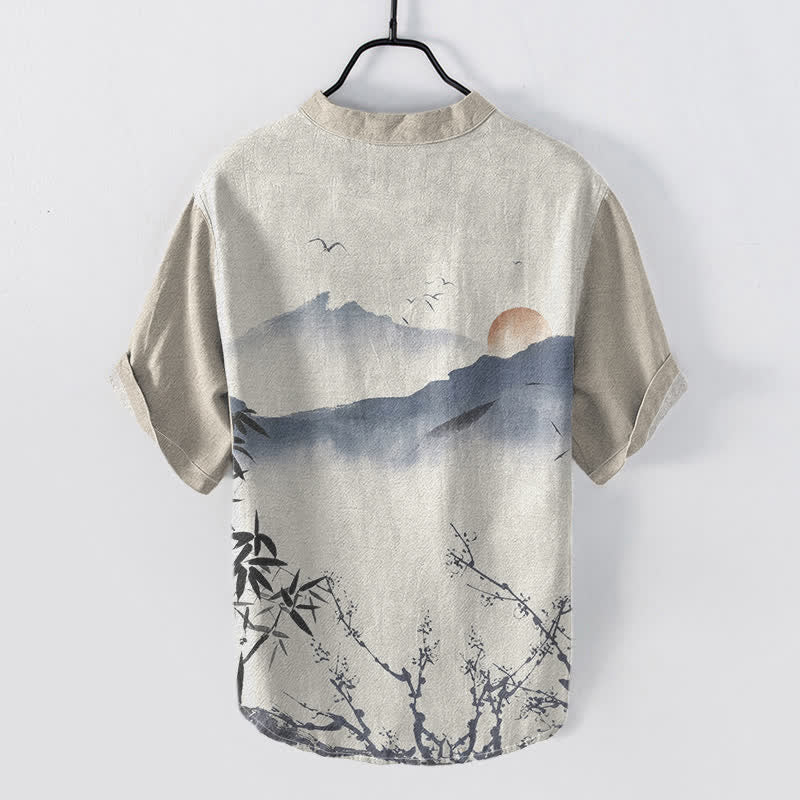 Buddha Stones Cotton Ink Mountain Sun Pattern Men's Short Sleeve Half Button Shirt - image 1
