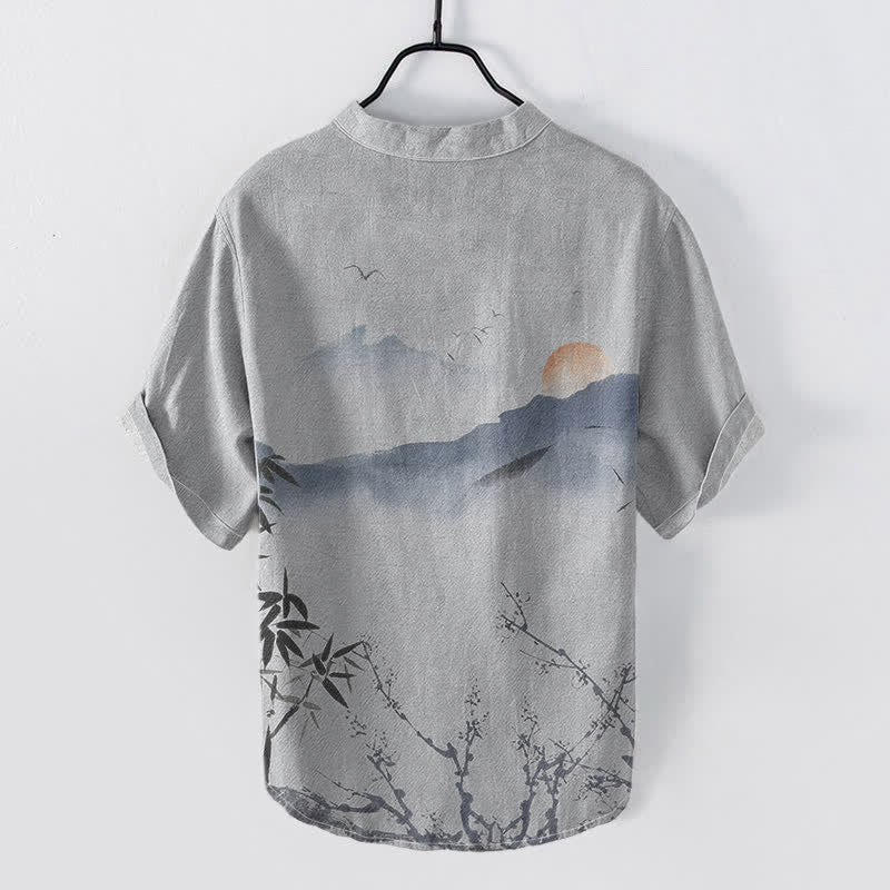 Buddha Stones Cotton Ink Mountain Sun Pattern Men's Short Sleeve Half Button Shirt - image 6