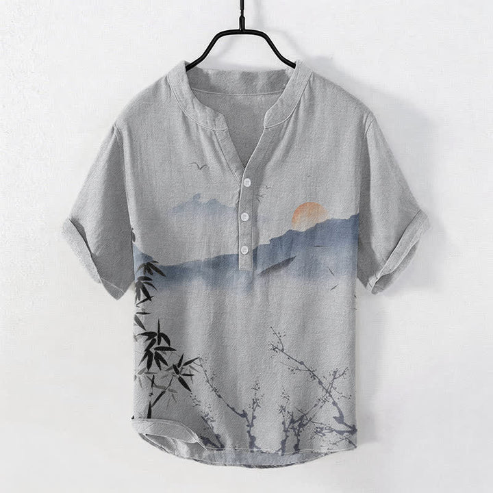Buddha Stones Cotton Ink Mountain Sun Pattern Men's Short Sleeve Half Button Shirt - LightGrey - US/UK/AU50，EU60 (5XL) - image 5