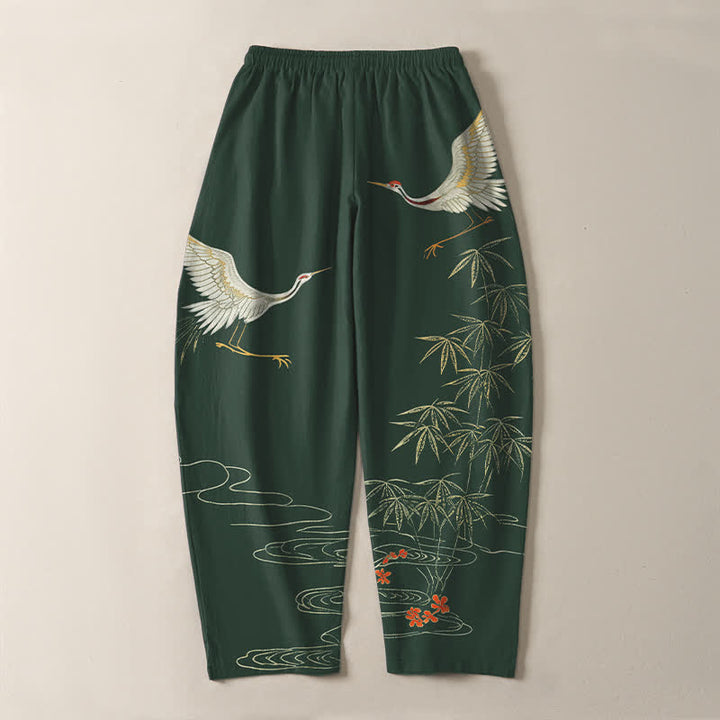 Buddha Stones Pure Cotton Crane Bamboo Wave Pattern Drawstring Men's Tapered Pants With Pockets - image 14