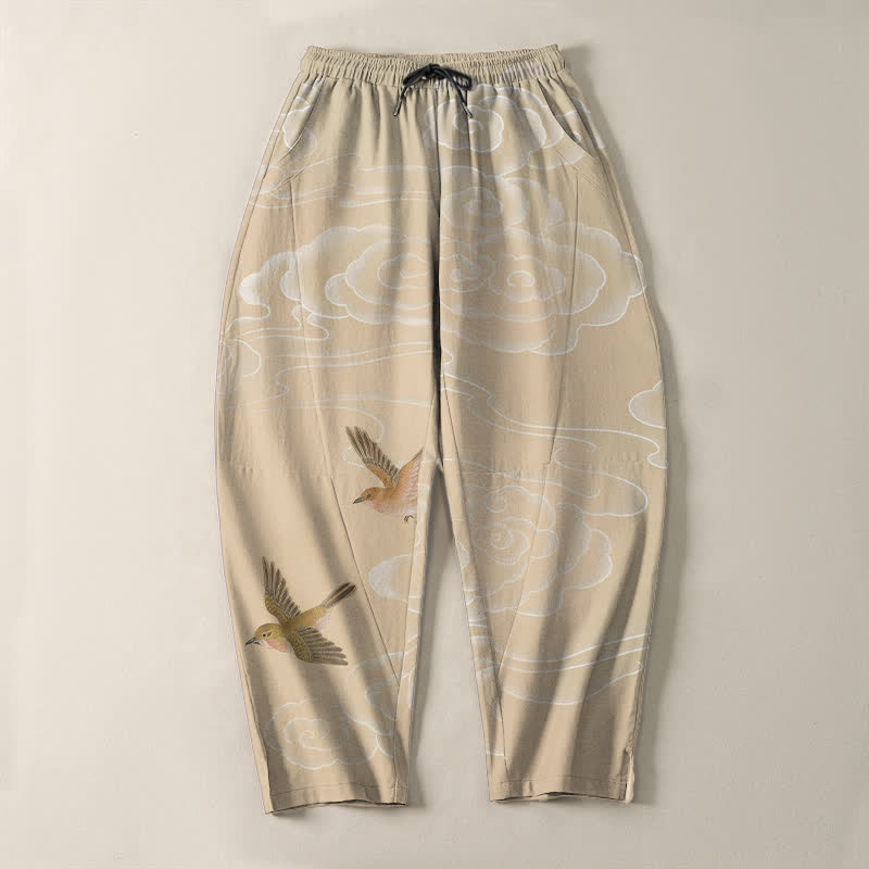Buddha Stones Pure Cotton Auspicious Cloud Bird Pattern Drawstring Men's Tapered Pants With Pockets - image 2