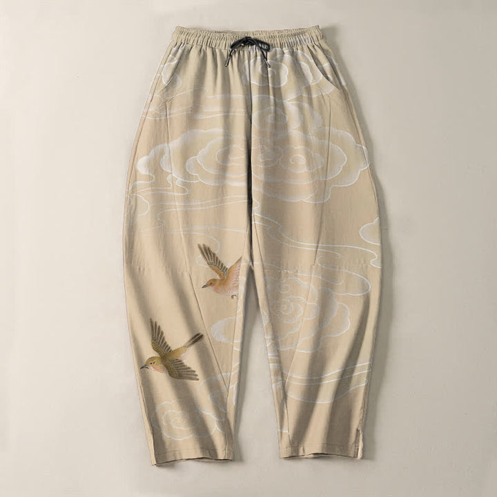 Buddha Stones Pure Cotton Auspicious Cloud Bird Pattern Drawstring Men's Tapered Pants With Pockets - image 2