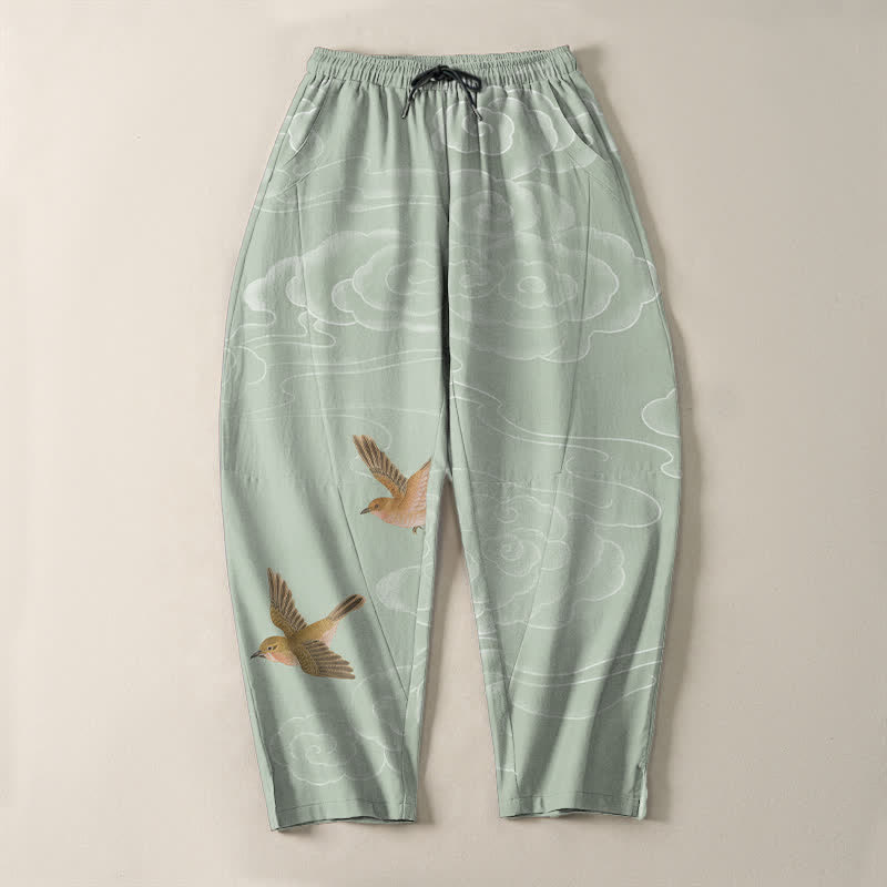 Buddha Stones Pure Cotton Auspicious Cloud Bird Pattern Drawstring Men's Tapered Pants With Pockets - image 13