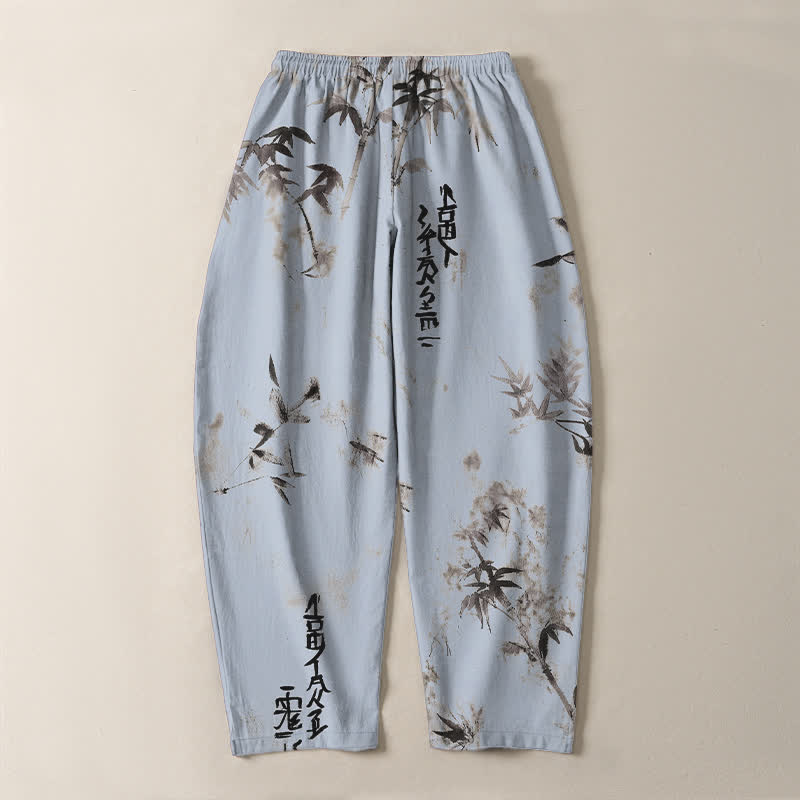 Buddha Stones Pure Cotton Ink Bamboo Calligraphy Pattern Drawstring Men's Tapered Pants With Pockets - image 10