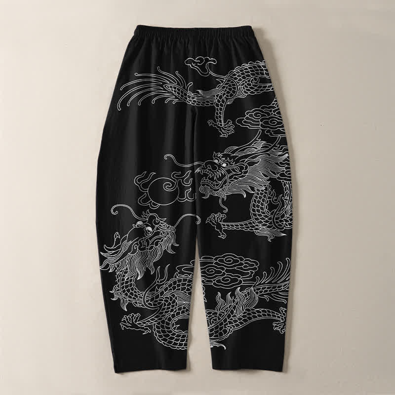 Buddha Stones Pure Cotton Imperial Dragon Pattern Drawstring Men's Tapered Pants With Pockets - image 3