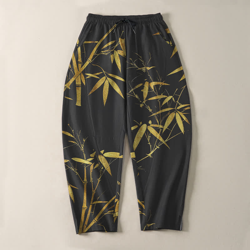 Buddha Stones Pure Cotton Golden Bamboo Pattern Drawstring Men's Tapered Pants With Pockets - image 9