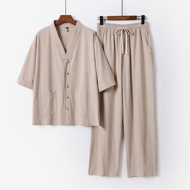 Buddha Stones 2Pcs Summer Tang Style Mandarin Collar Drawstring Solid Short Sleeve Shirt Pants Men's Meditation Cloth With Pockets - BurlyWood - US/UK/AU54，EU64 (9XL) - image 14